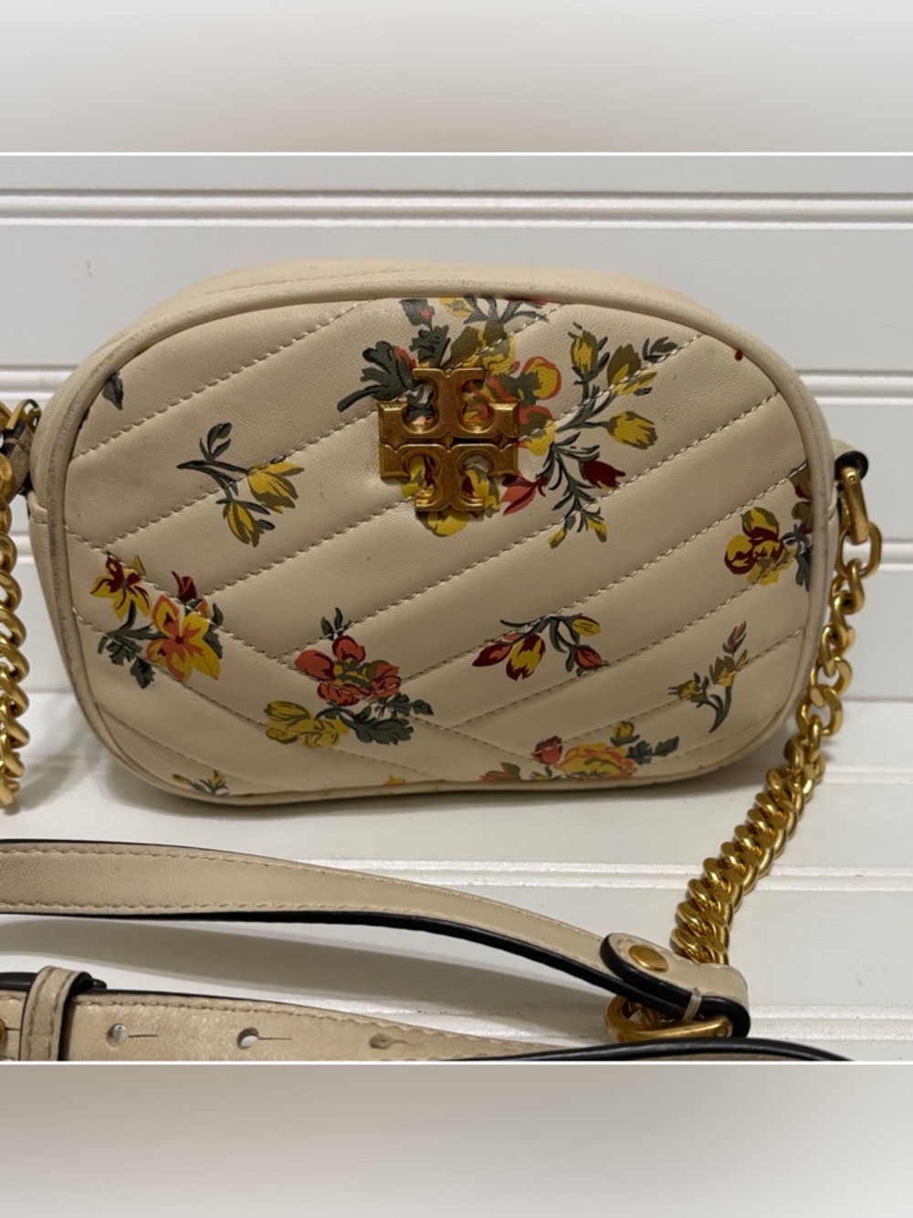 TORY BURCH Kira Chevron Quilted Leather Rose Floral Crossbody Chain Camera Bag
